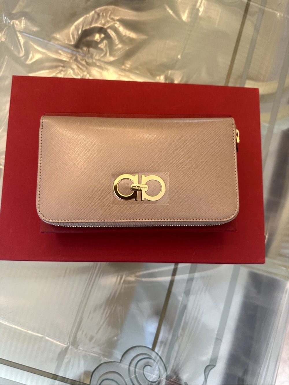 Salvatore Ferragamo Blush Pink Saffiano Leather Zip Wallet with Gancini